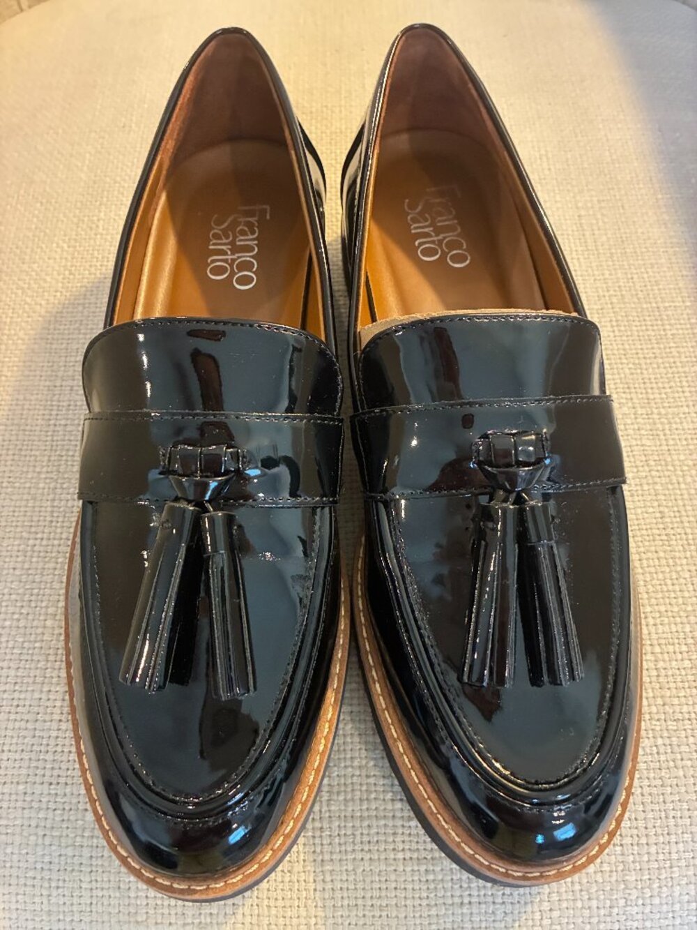 Franco Sarto Women's Carolynn Tassel Lug Sole Loafer Black Patent 8M NEW!